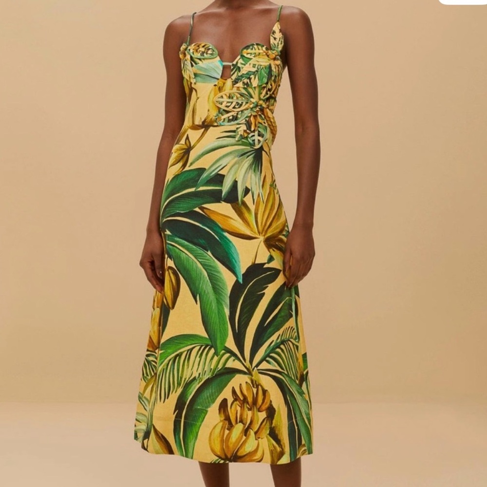 FARM Rio 3D Green and Yellow Tropical Midi Dress
